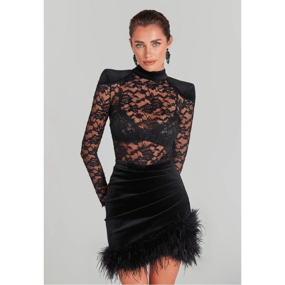 Stylish Black Lace and Velvet Dress with Feather Detail